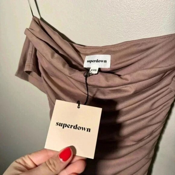 NWT SUPERDOWN REVOLVE MINI OFF THE SHOULDER DRESS RUCHED XXS BODYCON - Picture 5 of 5